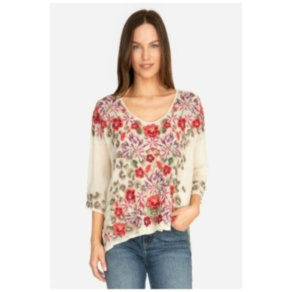 💕JOHNNY WAS💕 Leopard Rose Blouse ~ Embroidered Floral Tunic Shell Small